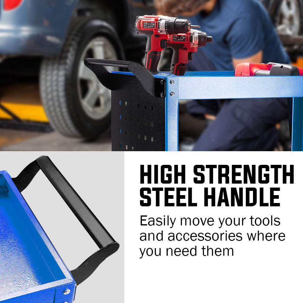 3-Tier Steel Tool Cart with Pegboard, 150kg Capacity, 1.5m High, Blue