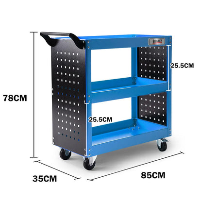 3-Tier Steel Tool Cart with Pegboard, 150kg Capacity, 1.5m High, Blue