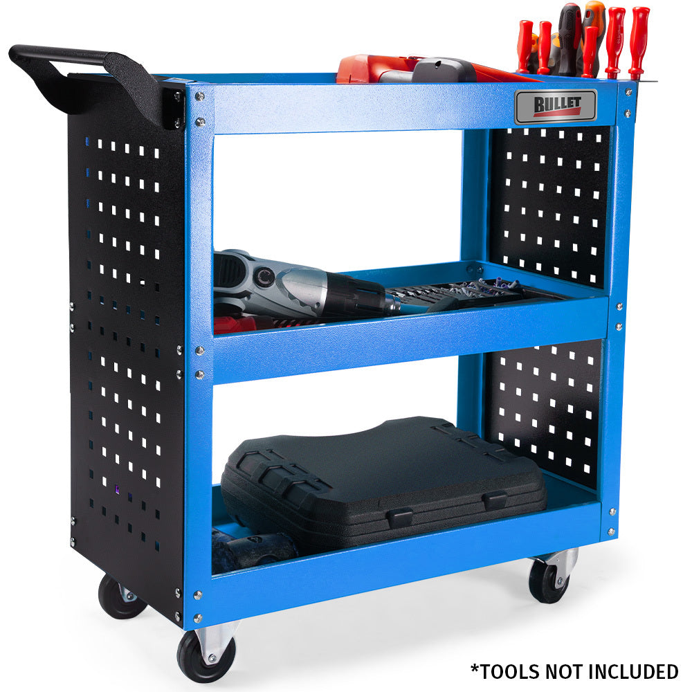 3-Tier Steel Tool Cart with Pegboard, 150kg Capacity, 1.5m High, Blue