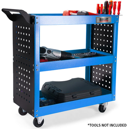 3-Tier Steel Tool Cart with Pegboard, 150kg Capacity, 1.5m High, Blue