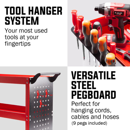 3-Tier Steel Tool Trolley Cart with Pegboard & Screwdriver Rack - 0.38m Capacity