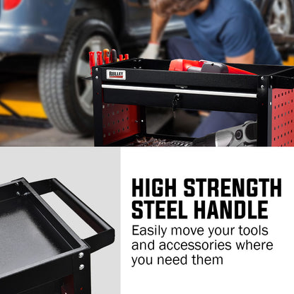 3-Tier Steel Tool Trolley Cart with Drawer and Pegboard, 150kg Capacity
