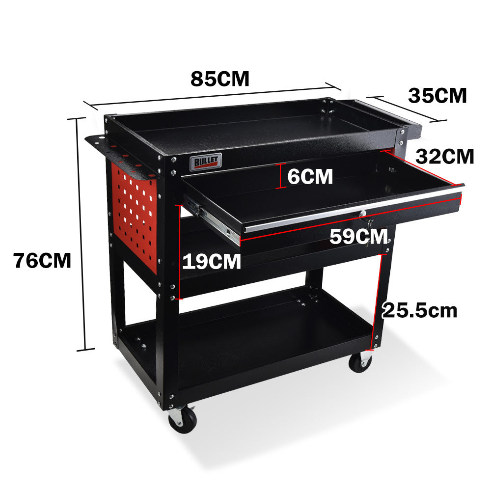 3-Tier Steel Tool Trolley Cart with Drawer and Pegboard, 150kg Capacity