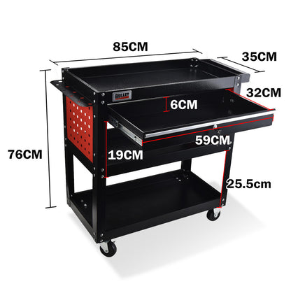 3-Tier Steel Tool Trolley Cart with Drawer and Pegboard, 150kg Capacity