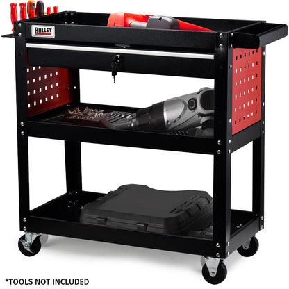 3-Tier Steel Tool Trolley Cart with Drawer and Pegboard, 150kg Capacity