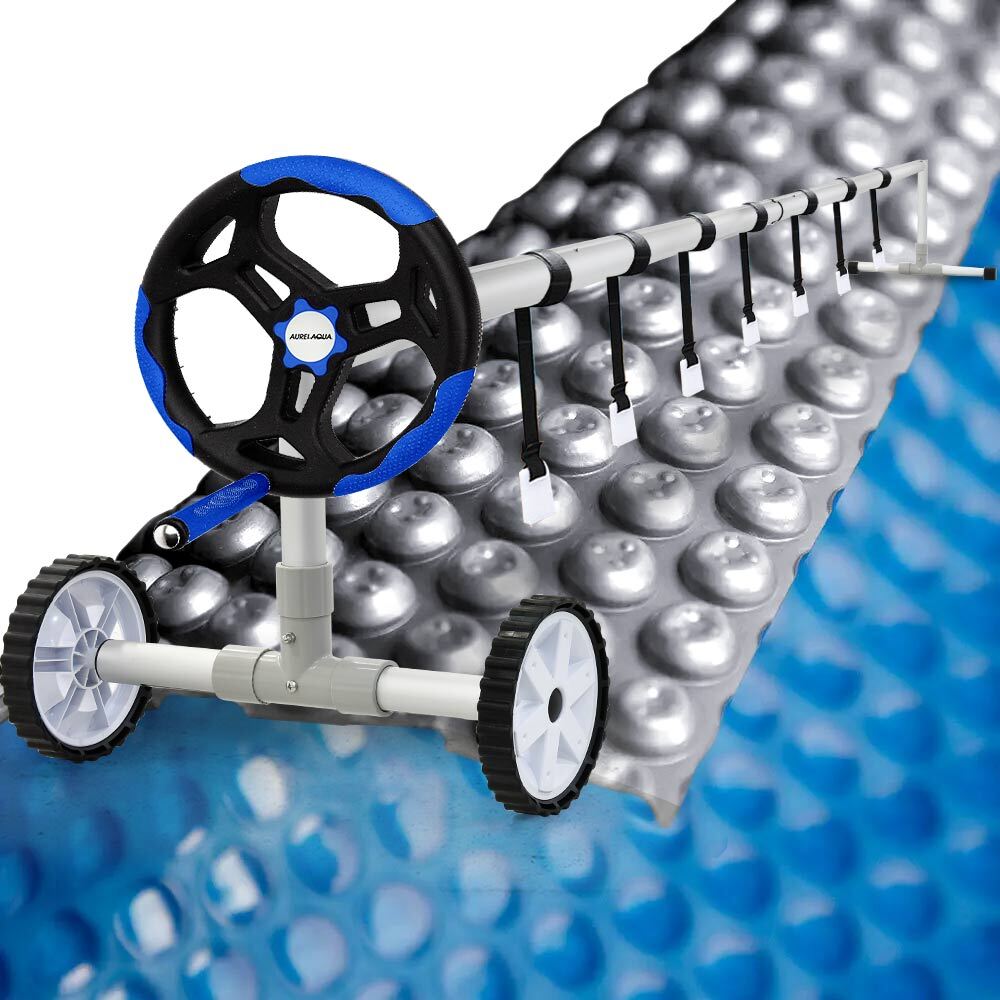 7x4m Solar Pool Cover & Roller with Blue/Silver Isothermal Design