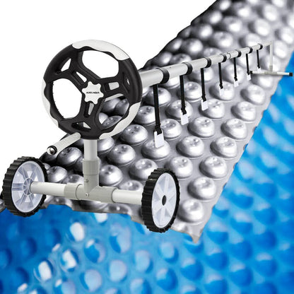 Solar Pool Cover & Roller with 7.5x3.2m Blanket - 400 Micron, Blue/Silver