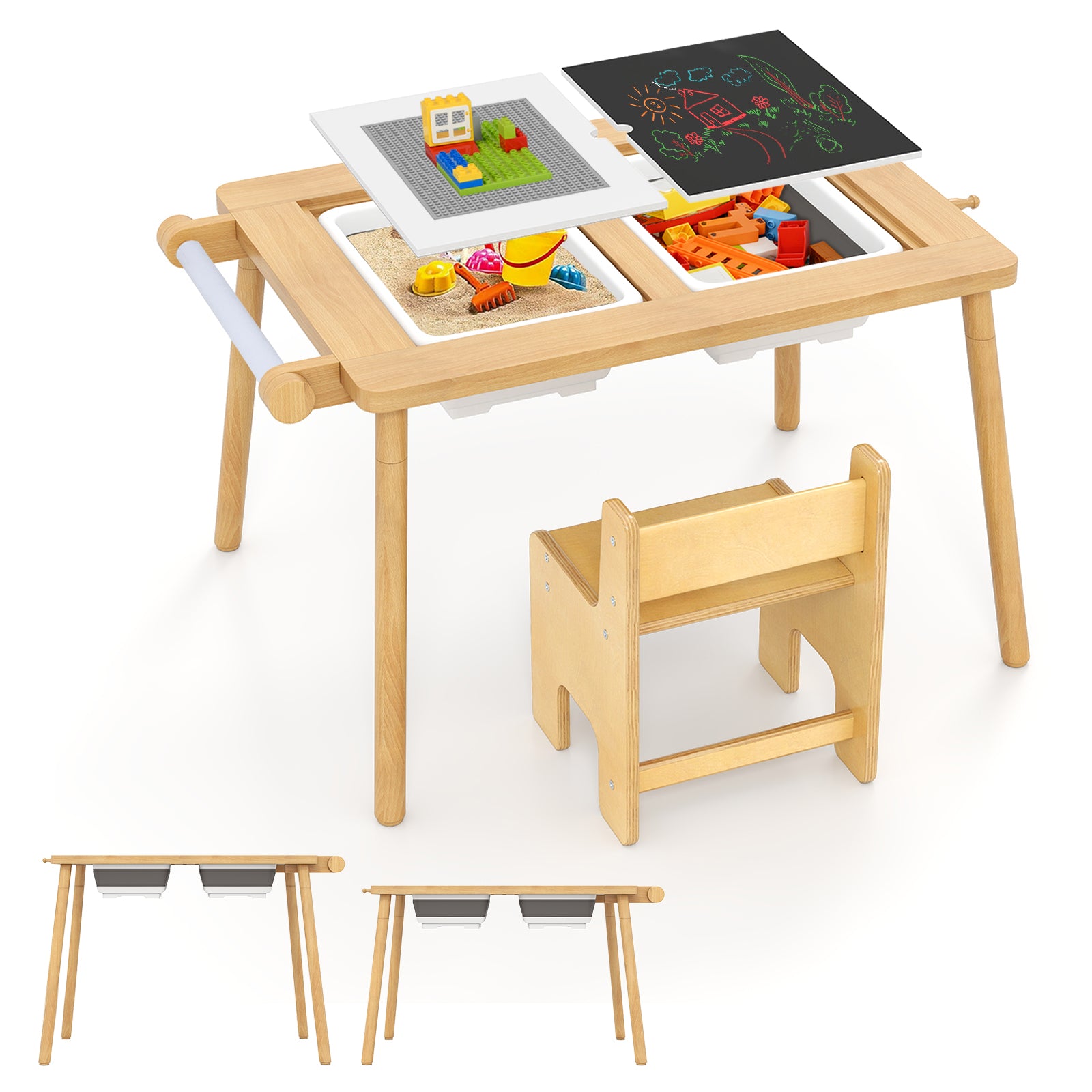 Sensory Toddler Activity Table and Chair Set for Kids 2-8-Natural