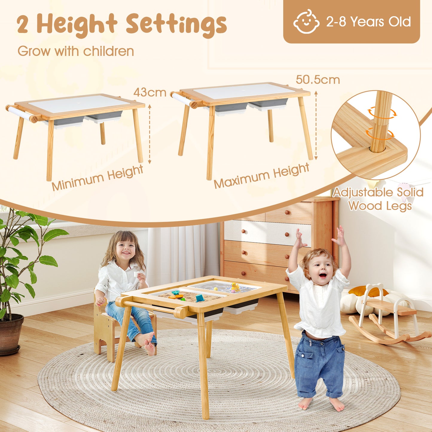 Sensory Toddler Activity Table and Chair Set for Kids 2-8-Natural
