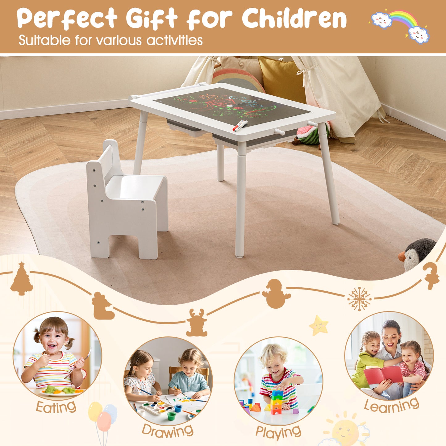 Sensory Toddler Activity Table and Chair Set for Kids 2-8-White