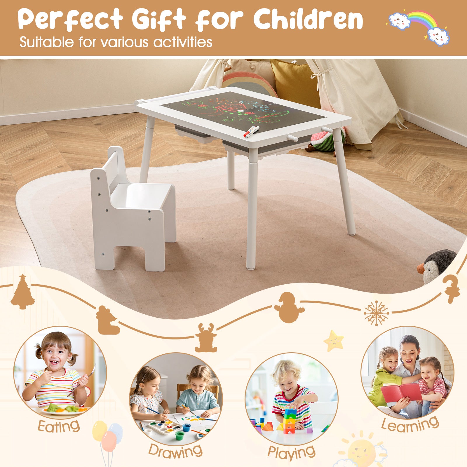 Sensory Toddler Activity Table and Chair Set for Kids 2-8-White