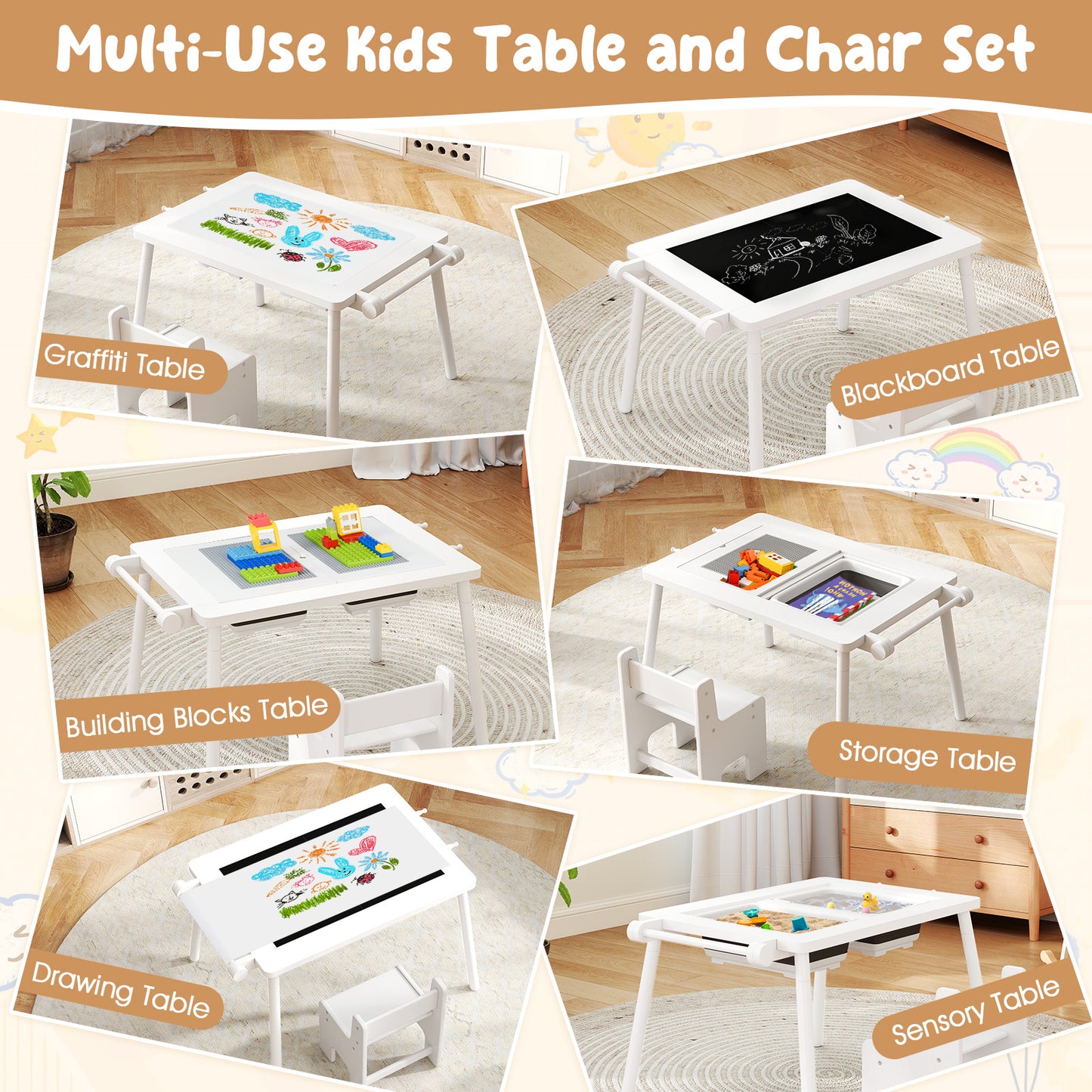 Sensory Toddler Activity Table and Chair Set for Kids 2-8-White