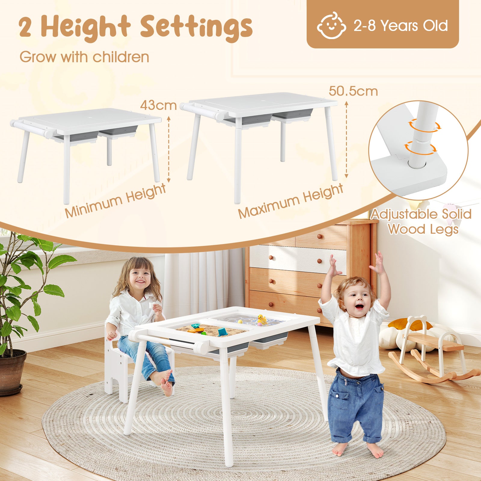 Sensory Toddler Activity Table and Chair Set for Kids 2-8-White