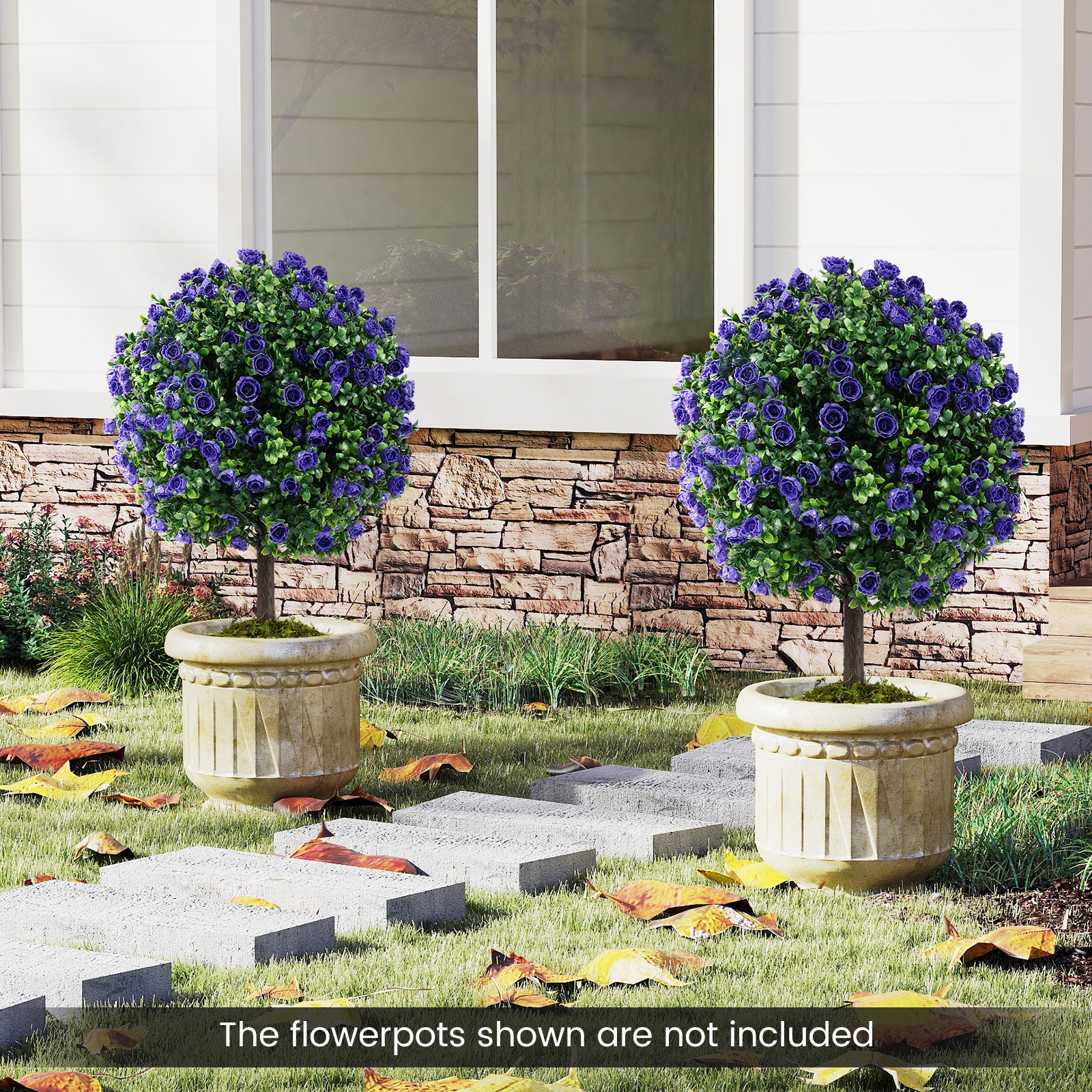 Set of 2 Artificial Purple Rose Topiary Ball Trees with Cement-Filled Pot for Indoors Outdoors-Purple