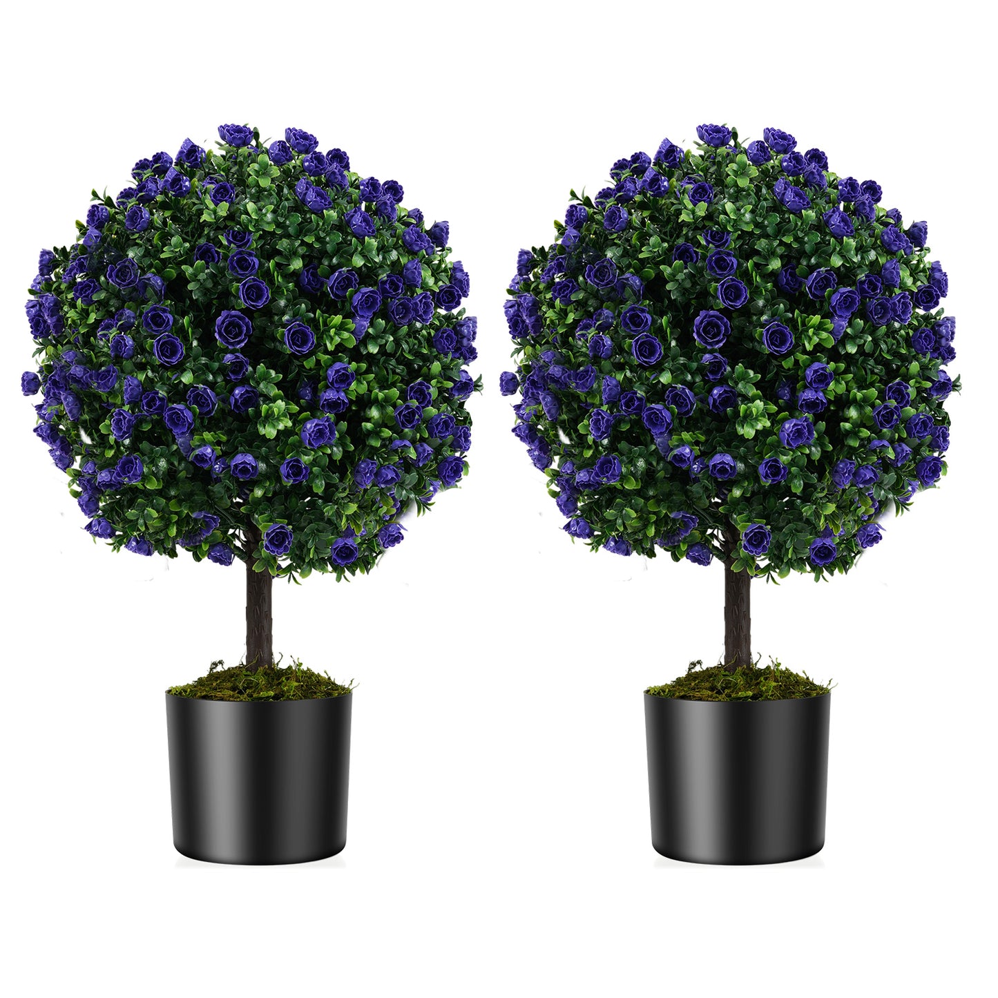 Set of 2 Artificial Purple Rose Topiary Ball Trees with Cement-Filled Pot for Indoors Outdoors-Purple