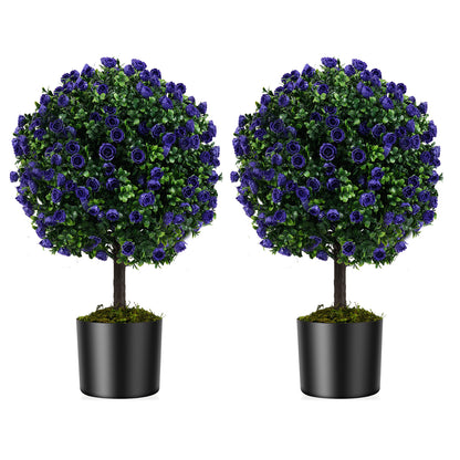 Set of 2 Artificial Purple Rose Topiary Ball Trees with Cement-Filled Pot for Indoors Outdoors-Purple
