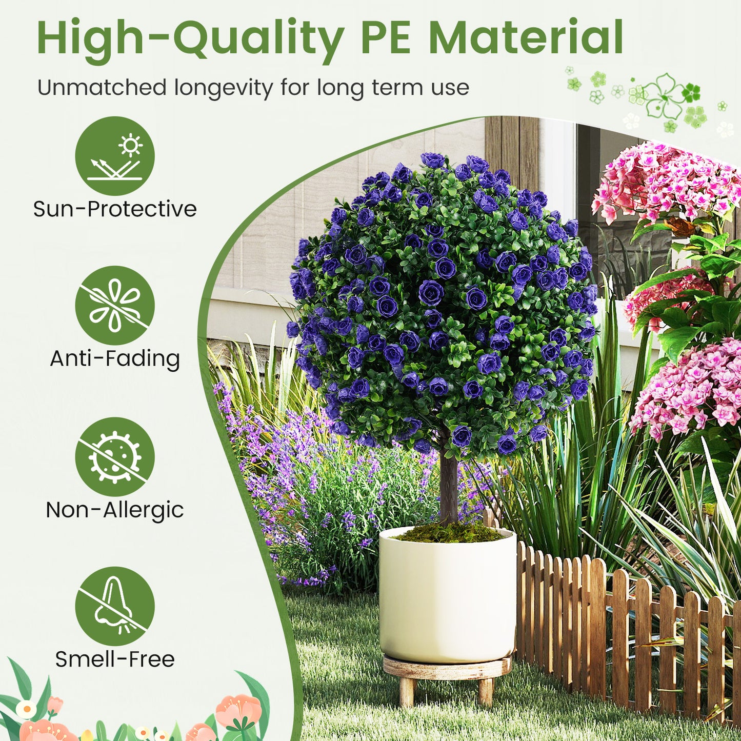 Set of 2 Artificial Purple Rose Topiary Ball Trees with Cement-Filled Pot for Indoors Outdoors-Purple