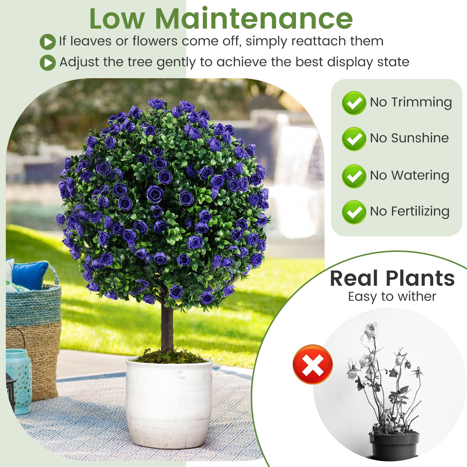 Set of 2 Artificial Purple Rose Topiary Ball Trees with Cement-Filled Pot for Indoors Outdoors-Purple