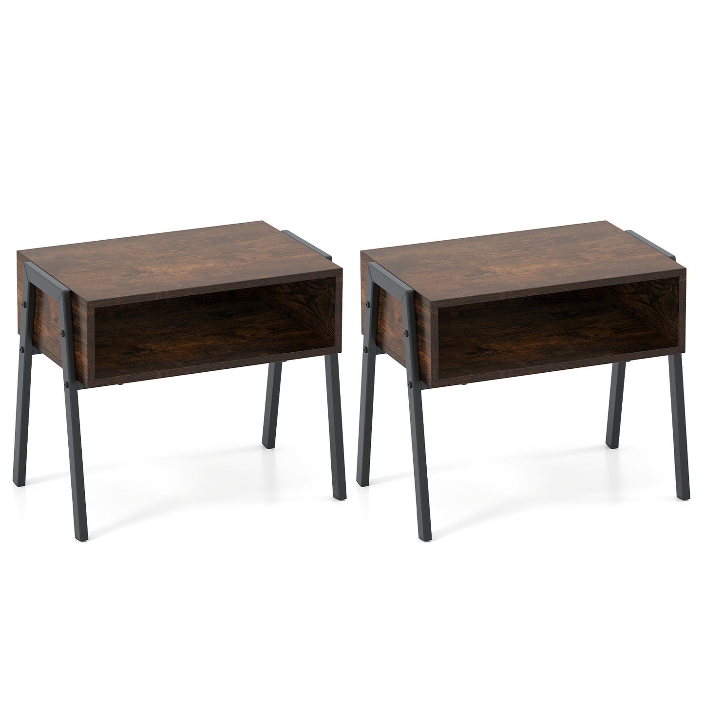Set of 2 Industrial Stackable Nightstand with Metal Legs-Rustic Brown
