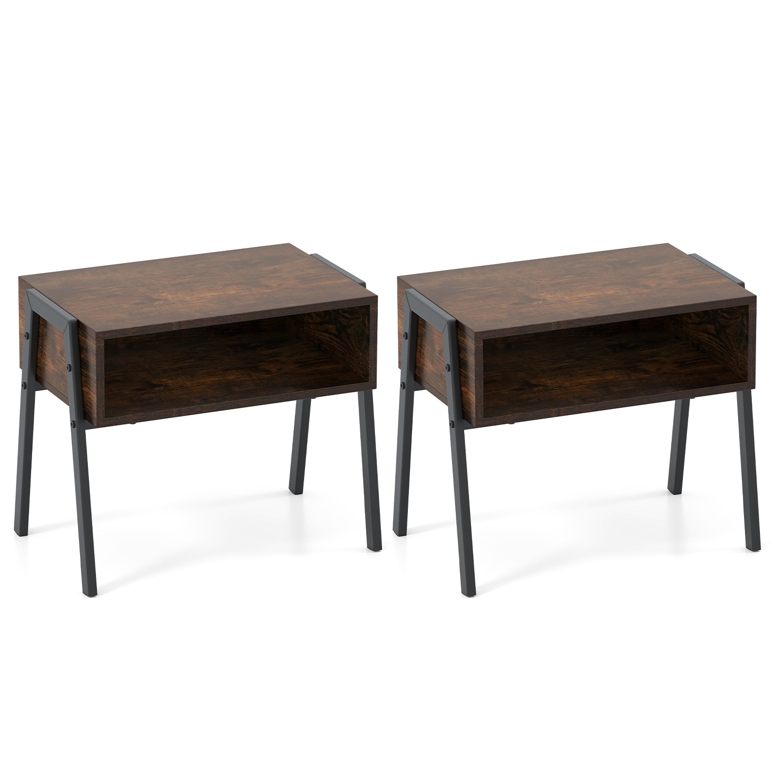 Set of 2 Industrial Stackable Nightstand with Metal Legs-Rustic Brown
