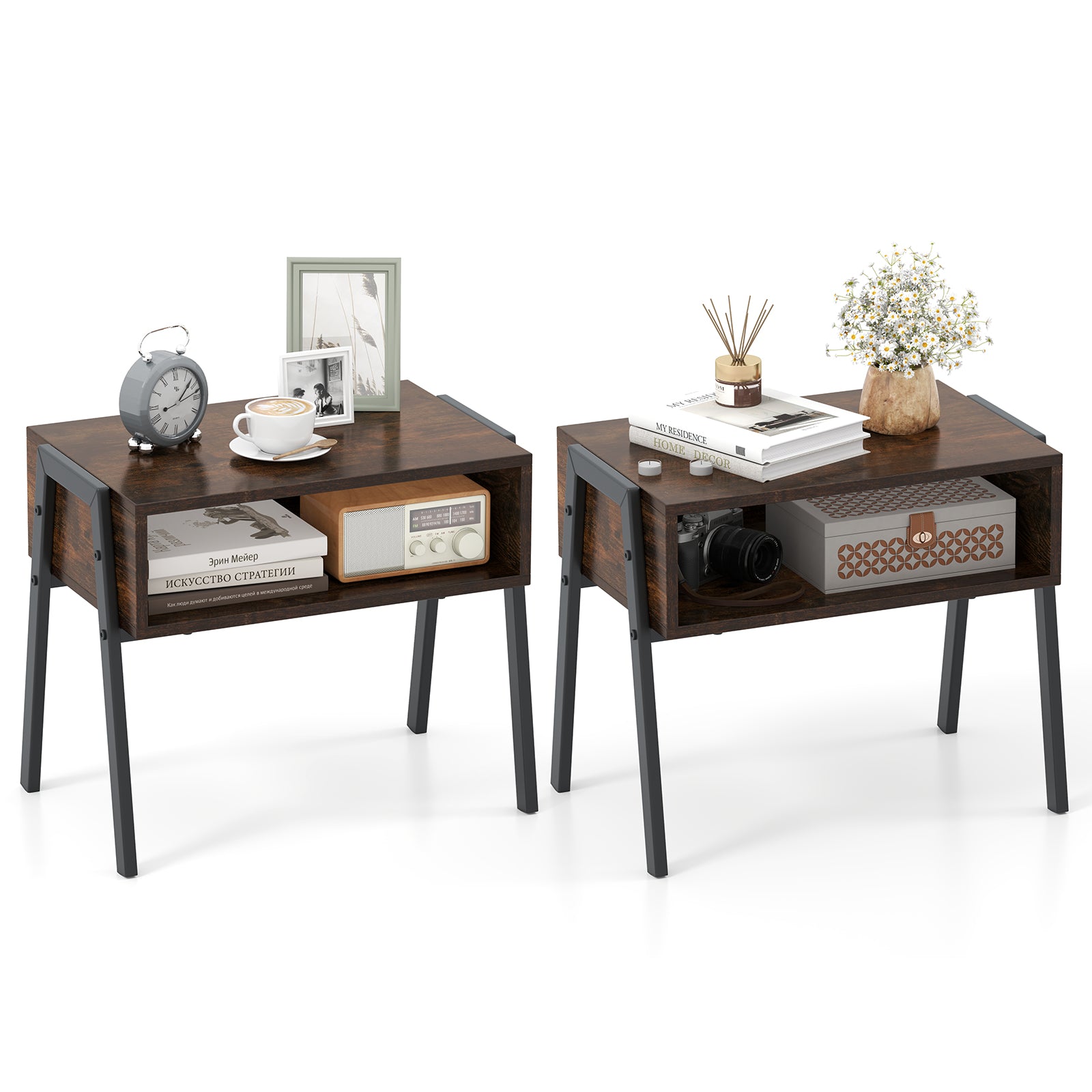 Set of 2 Industrial Stackable Nightstand with Metal Legs-Rustic Brown