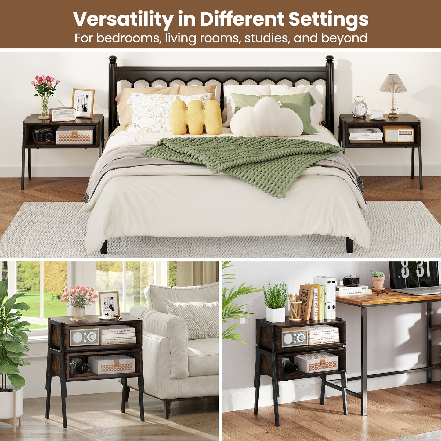 Set of 2 Industrial Stackable Nightstand with Metal Legs-Rustic Brown