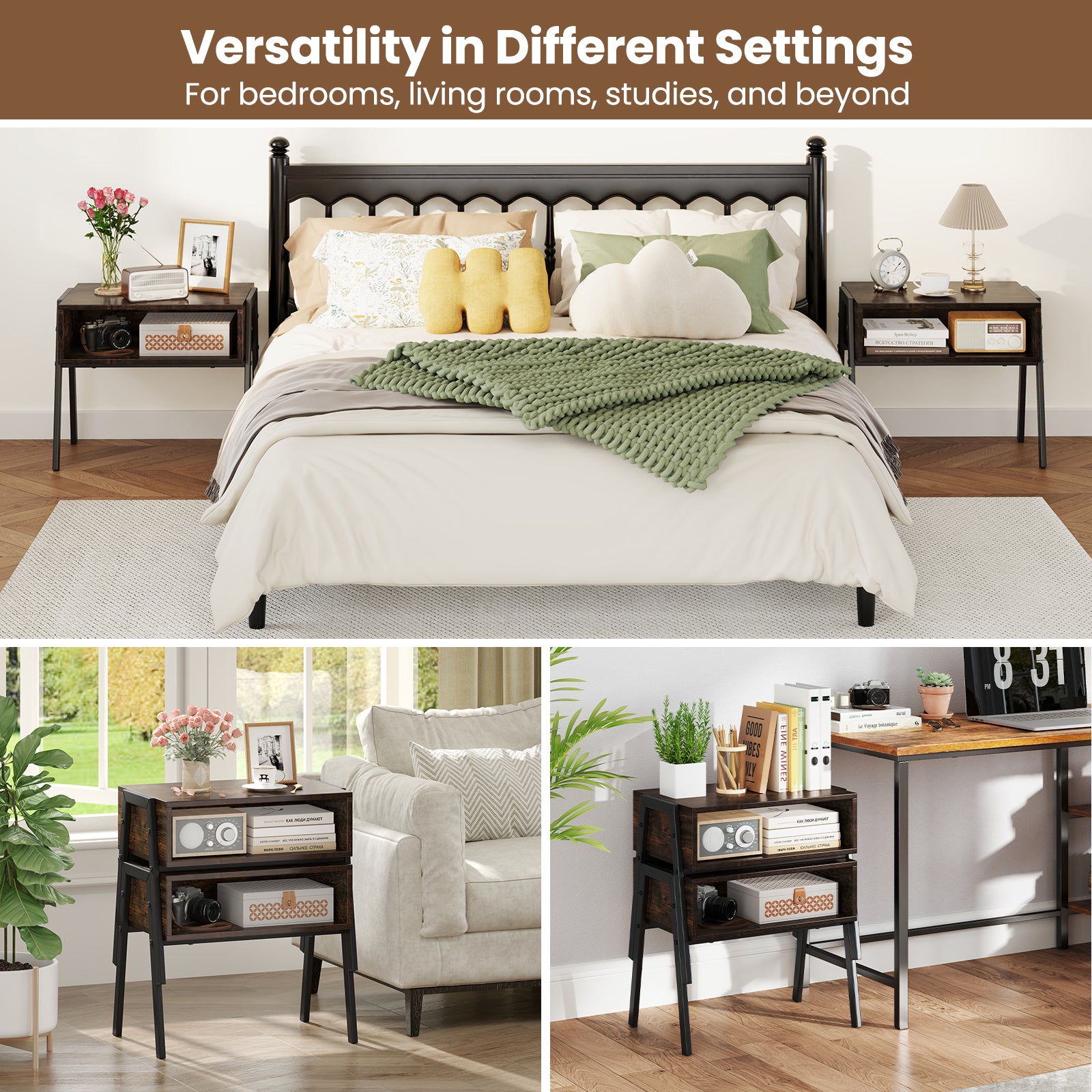 Set of 2 Industrial Stackable Nightstand with Metal Legs-Rustic Brown