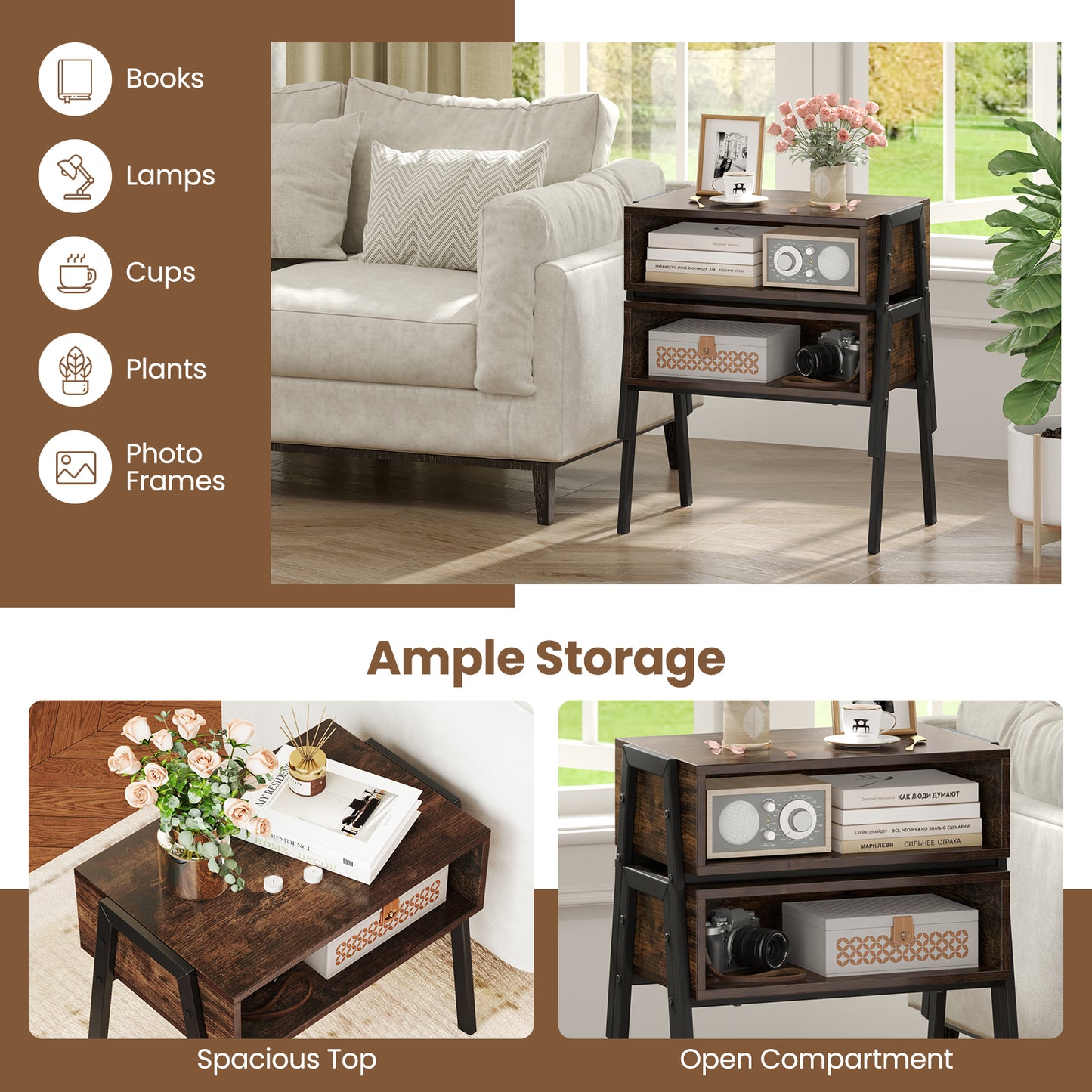 Set of 2 Industrial Stackable Nightstand with Metal Legs-Rustic Brown