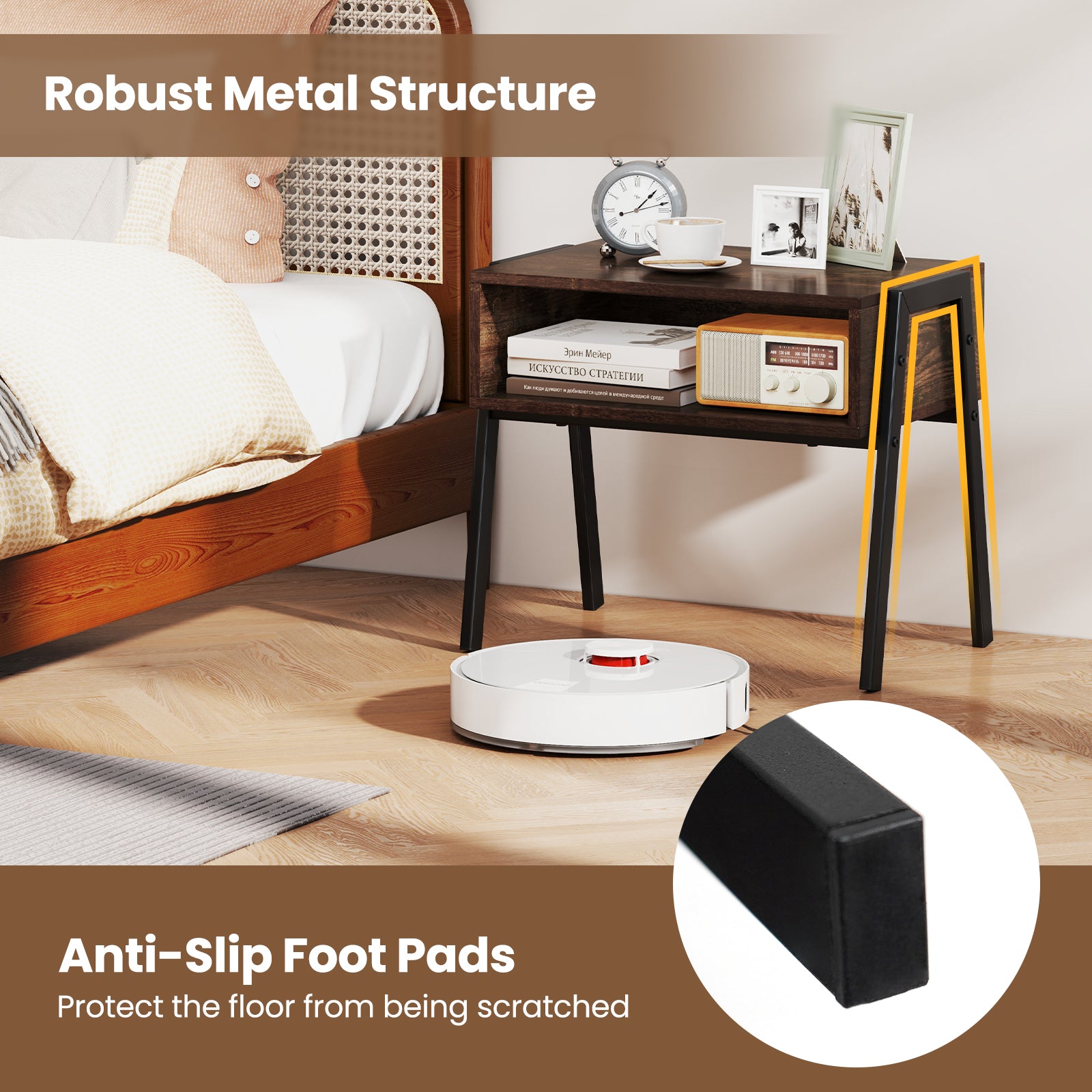 Set of 2 Industrial Stackable Nightstand with Metal Legs-Rustic Brown