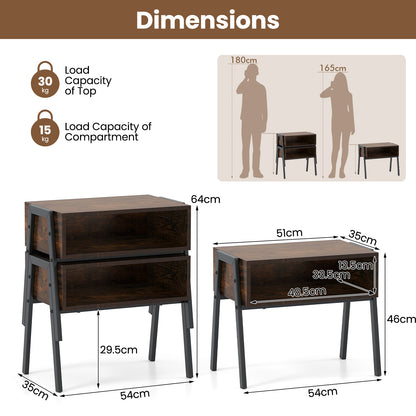 Set of 2 Industrial Stackable Nightstand with Metal Legs-Rustic Brown
