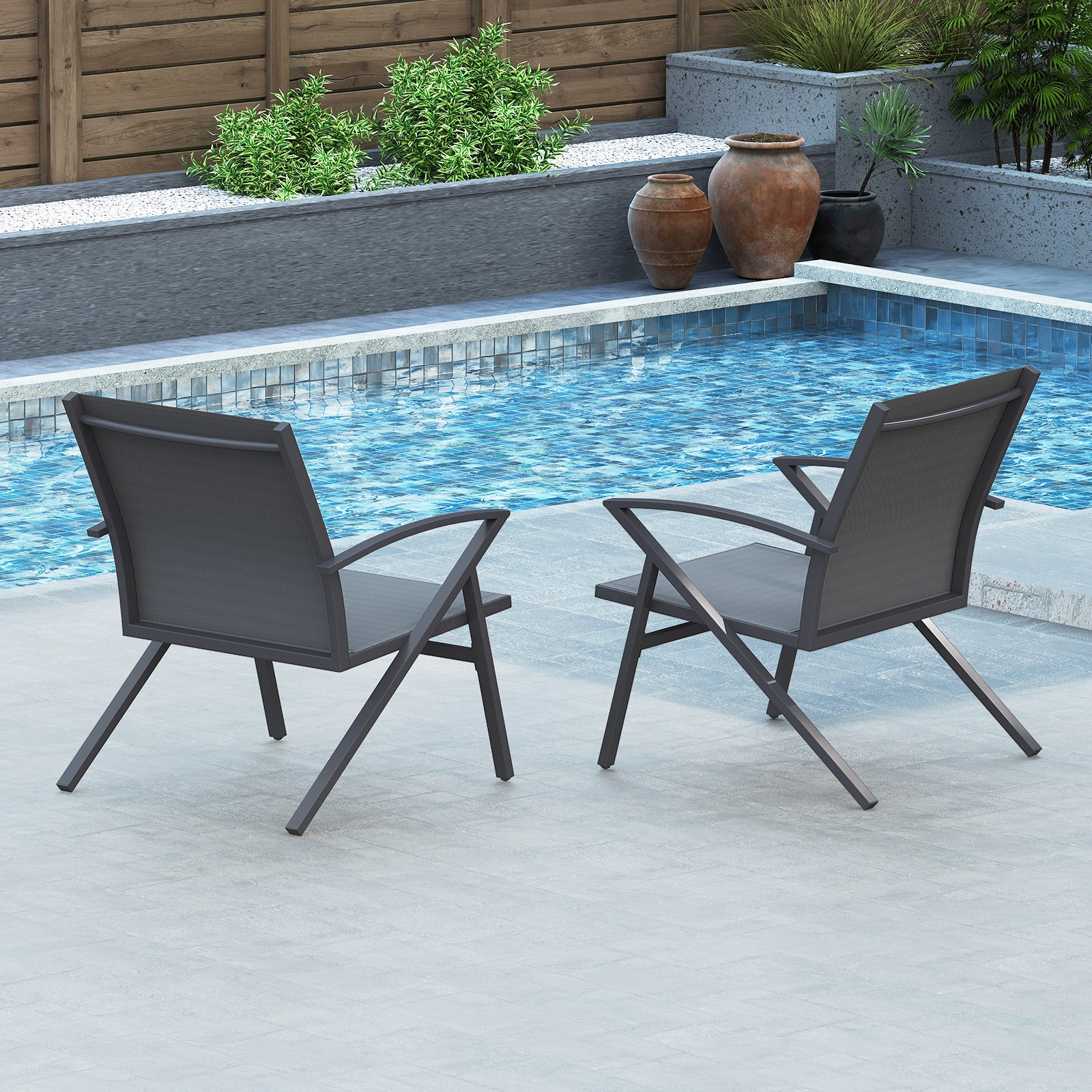 Breathable Fabric Outdoor Patio Chairs Set of 2 with Curved Backrests-Grey