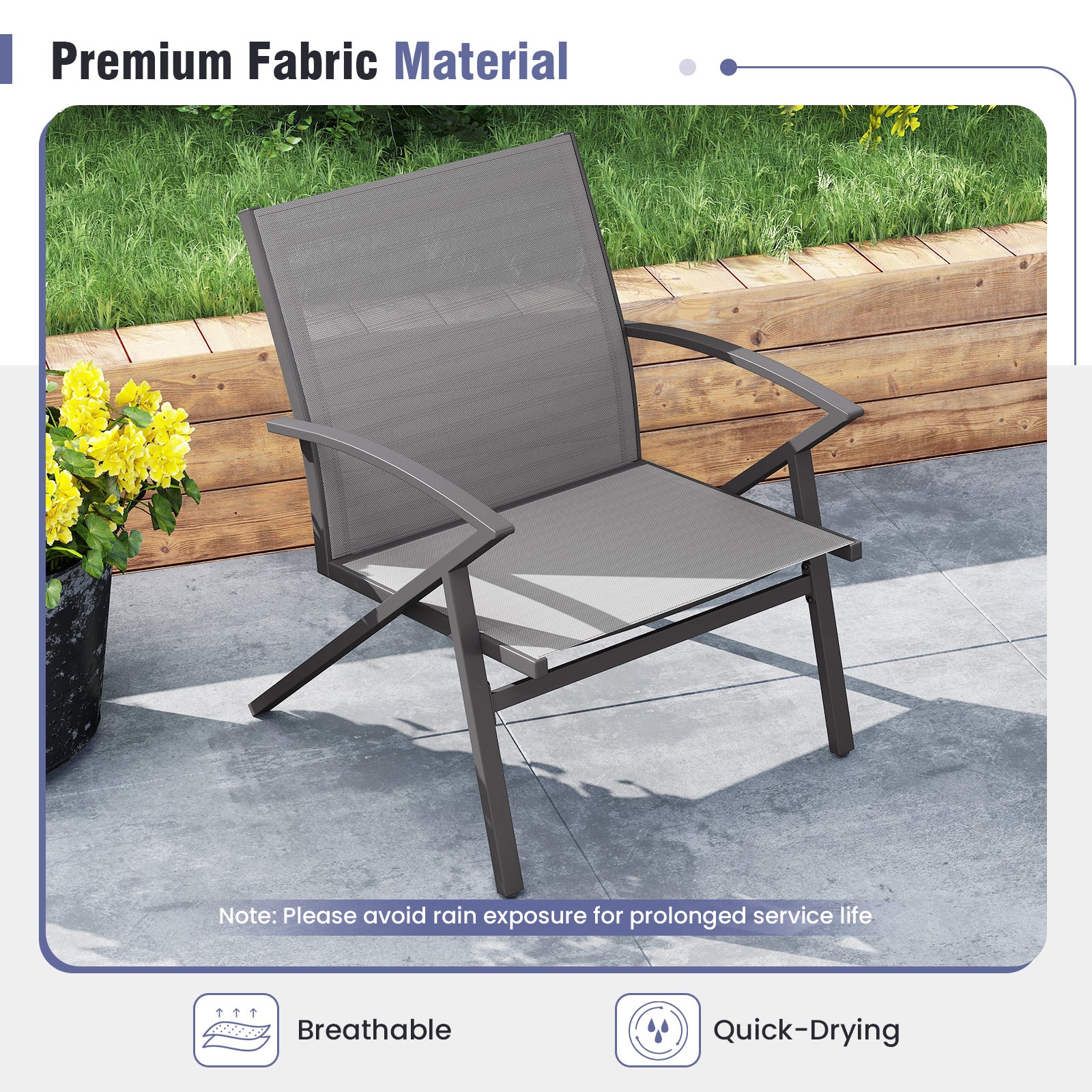 Breathable Fabric Outdoor Patio Chairs Set of 2 with Curved Backrests-Grey