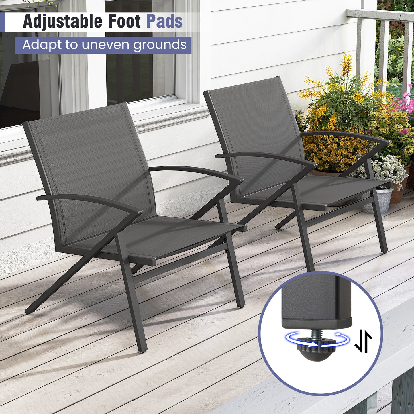 Breathable Fabric Outdoor Patio Chairs Set of 2 with Curved Backrests-Grey