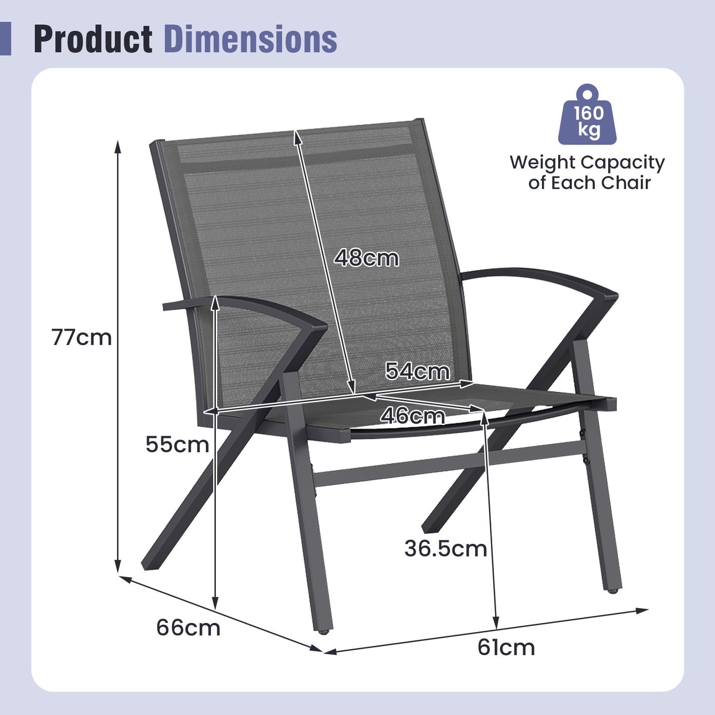 Breathable Fabric Outdoor Patio Chairs Set of 2 with Curved Backrests-Grey
