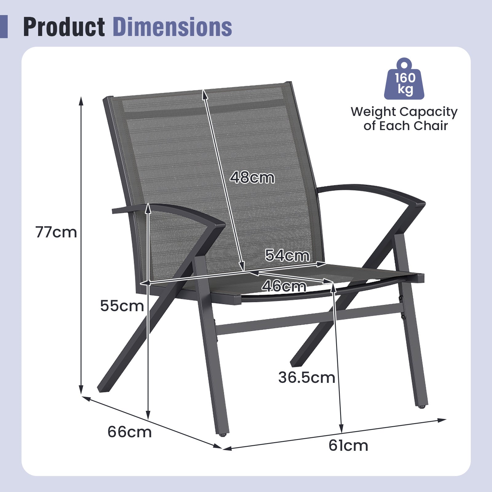 Breathable Fabric Outdoor Patio Chairs Set of 2 with Curved Backrests-Grey