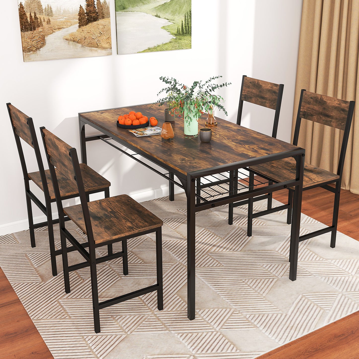 Set of 4 Armless Dining Chairs with High Curved Back and Metal Frame-Rustic Brown