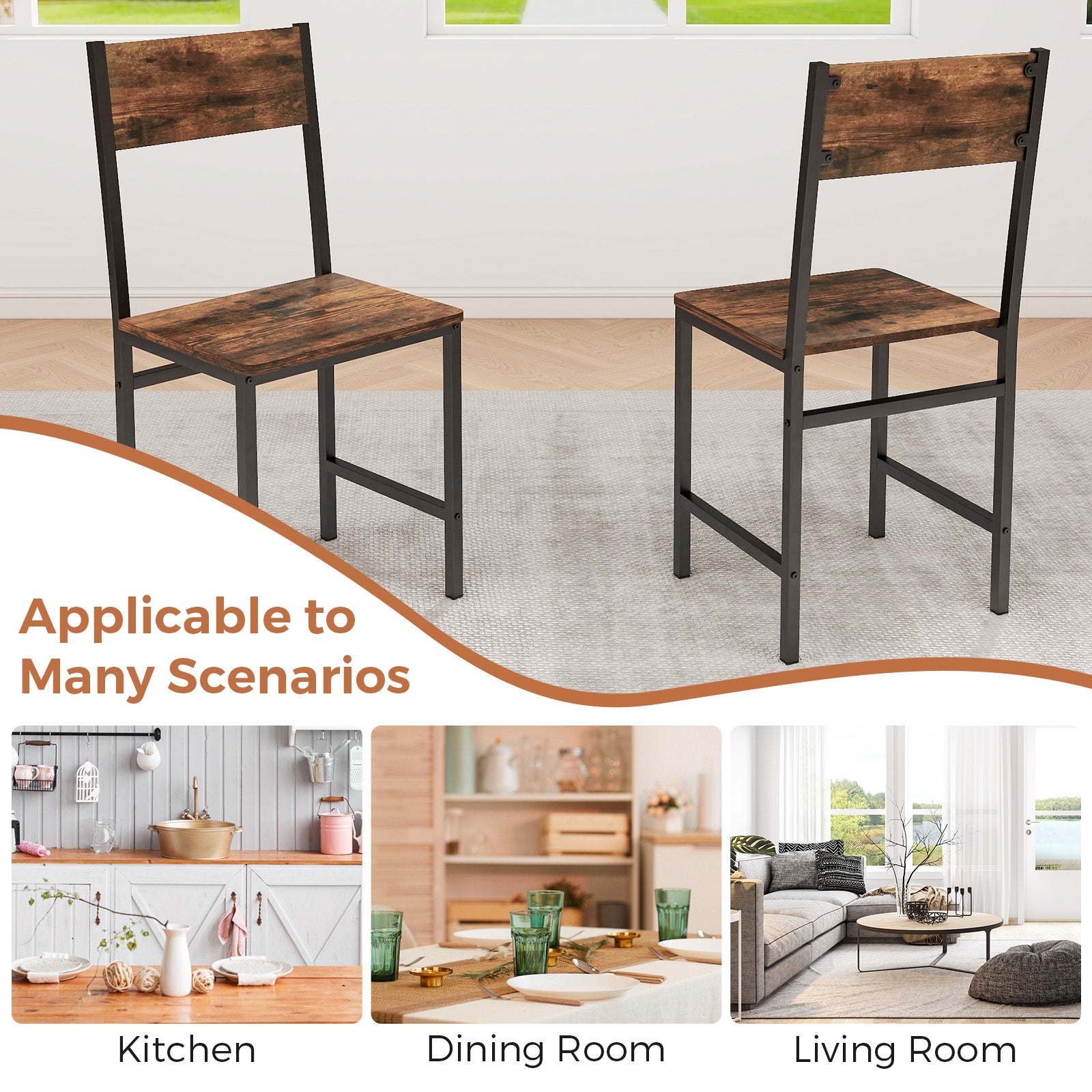 Set of 4 Armless Dining Chairs with High Curved Back and Metal Frame-Rustic Brown