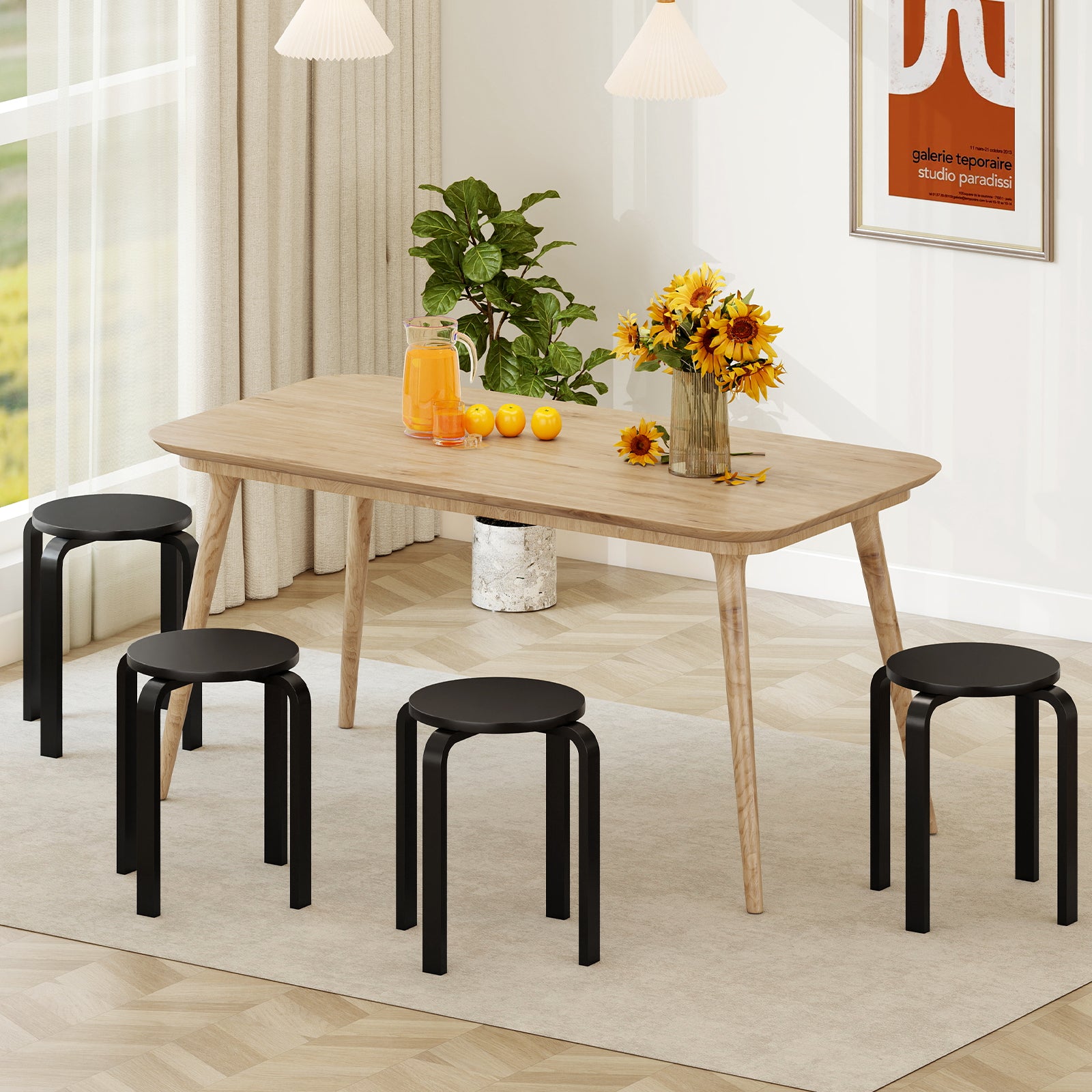 Set of 4 Stackable Wooden Stools for Living Room & Dining Room-Black