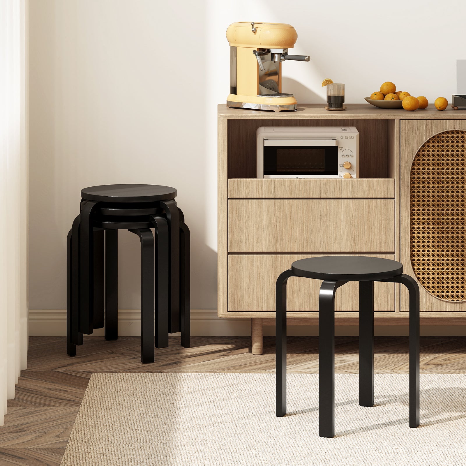 Set of 4 Stackable Wooden Stools for Living Room & Dining Room-Black