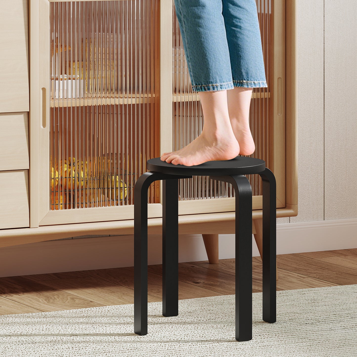 Set of 4 Stackable Wooden Stools for Living Room & Dining Room-Black