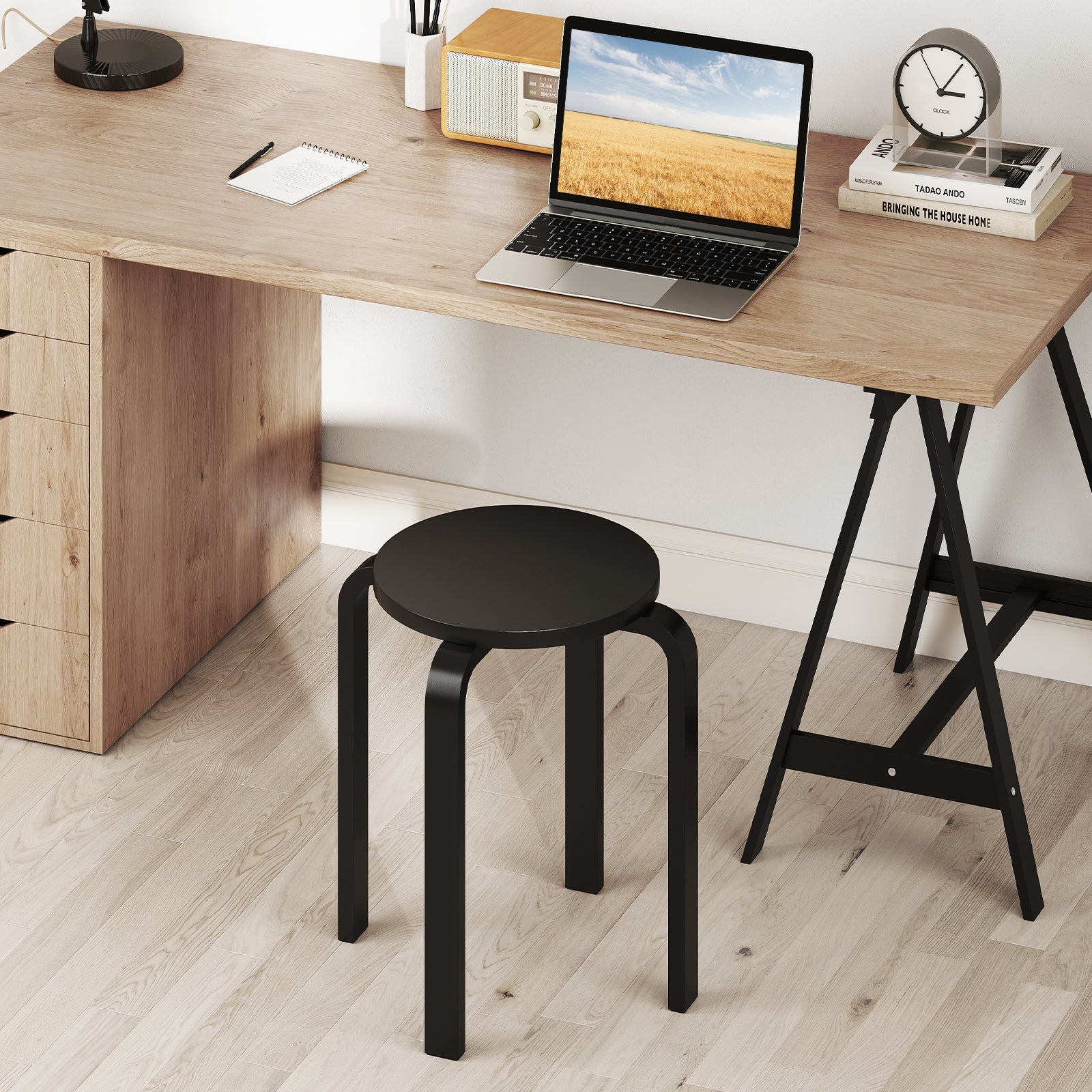 Set of 4 Stackable Wooden Stools for Living Room & Dining Room-Black