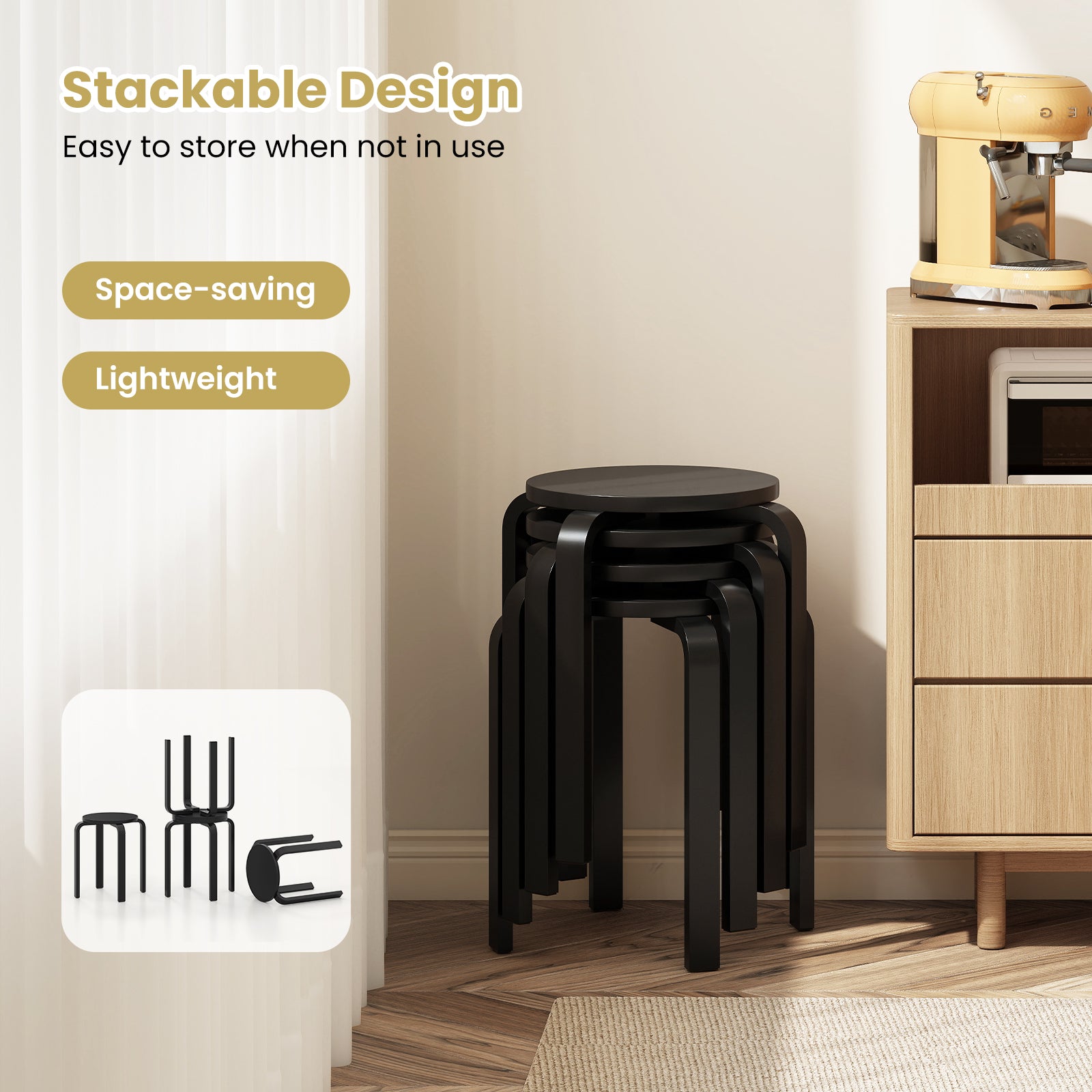 Set of 4 Stackable Wooden Stools for Living Room & Dining Room-Black