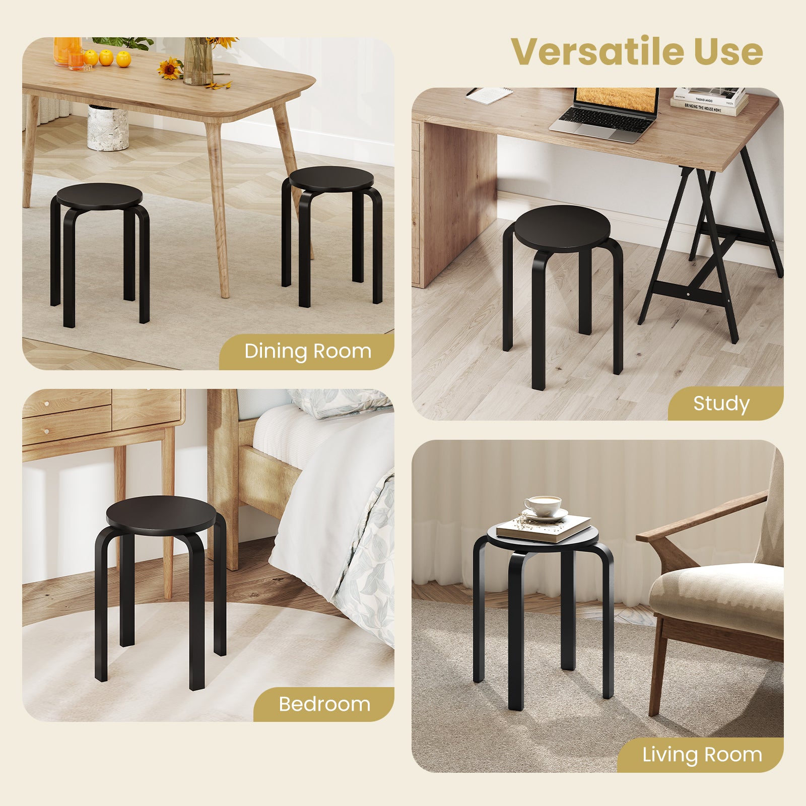 Set of 4 Stackable Wooden Stools for Living Room & Dining Room-Black