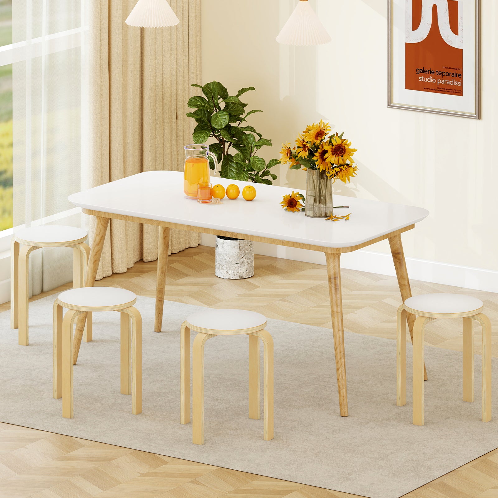 Set of 4 Stackable Wooden Stools for Living Room & Dining Room-White