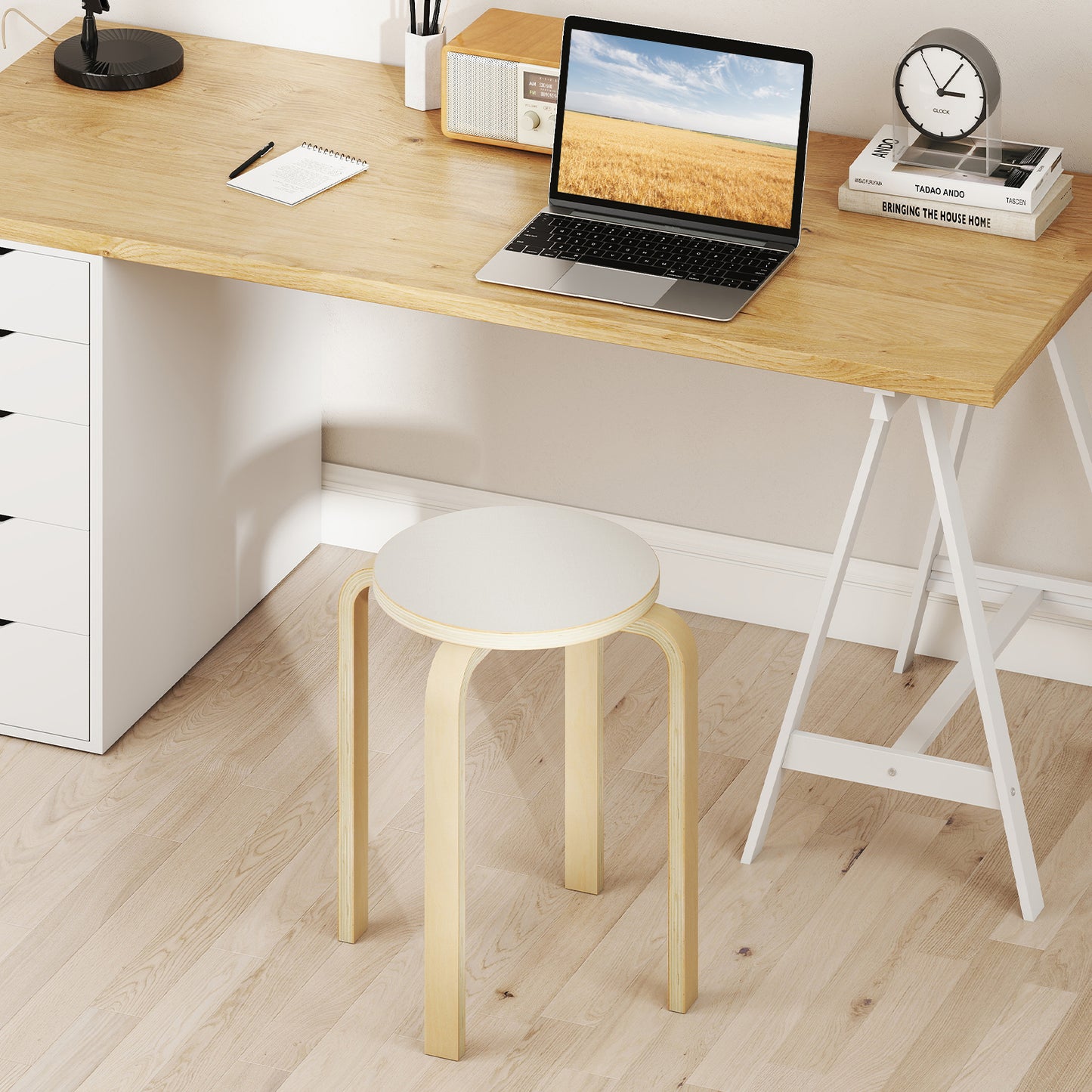 Set of 4 Stackable Wooden Stools for Living Room & Dining Room-White