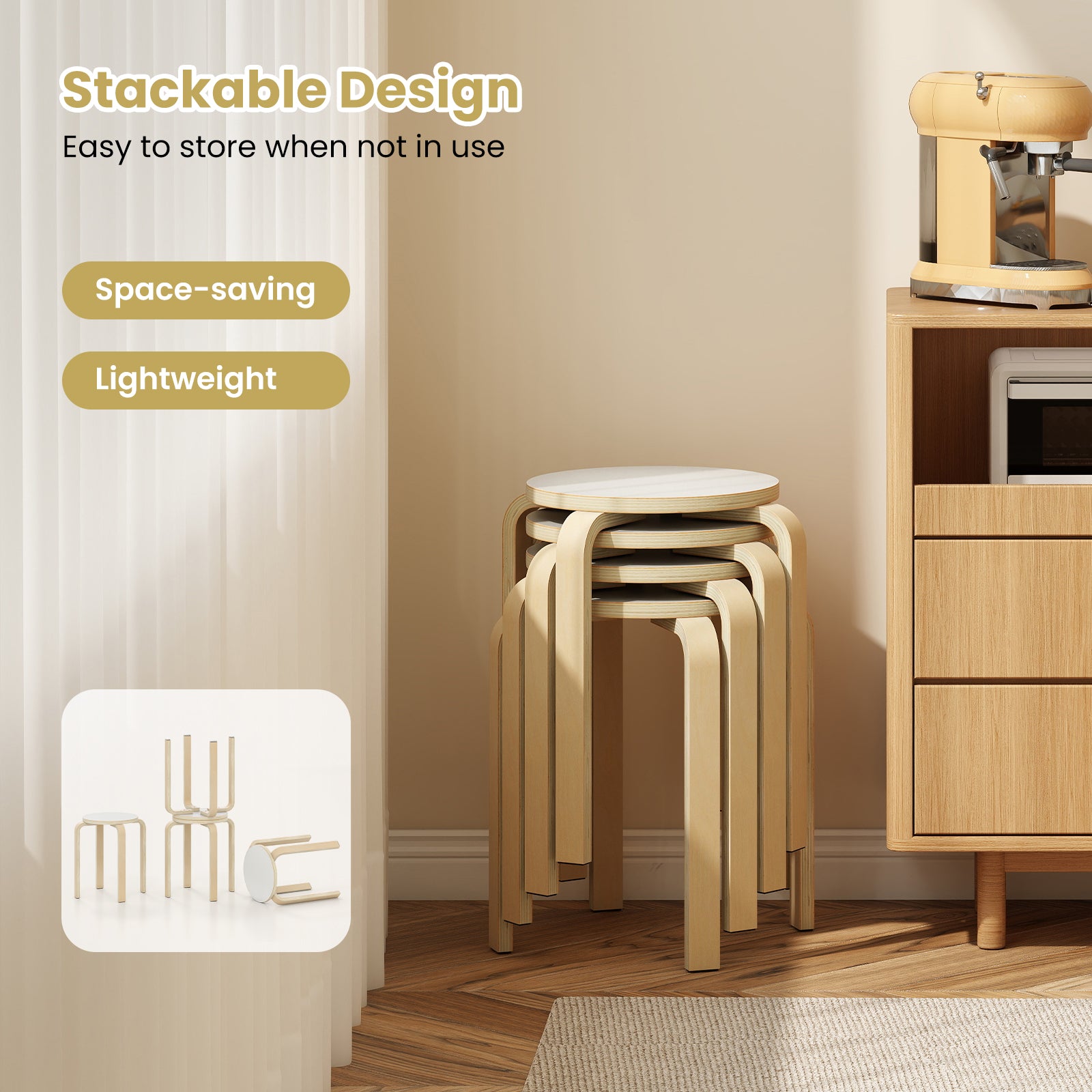 Set of 4 Stackable Wooden Stools for Living Room & Dining Room-White