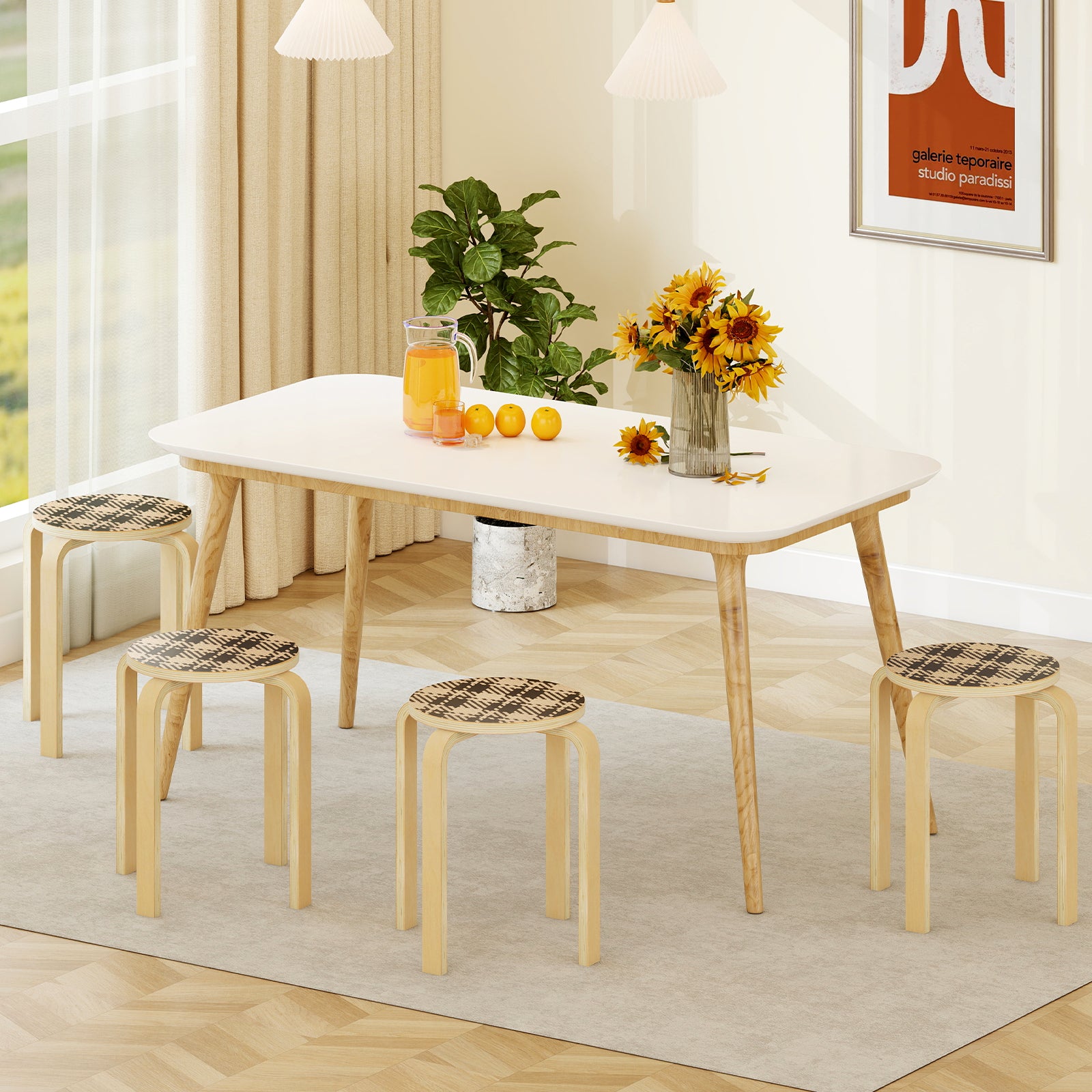 Set of 4 Stackable Wooden Stools for Living Room & Dining Room-Yellow