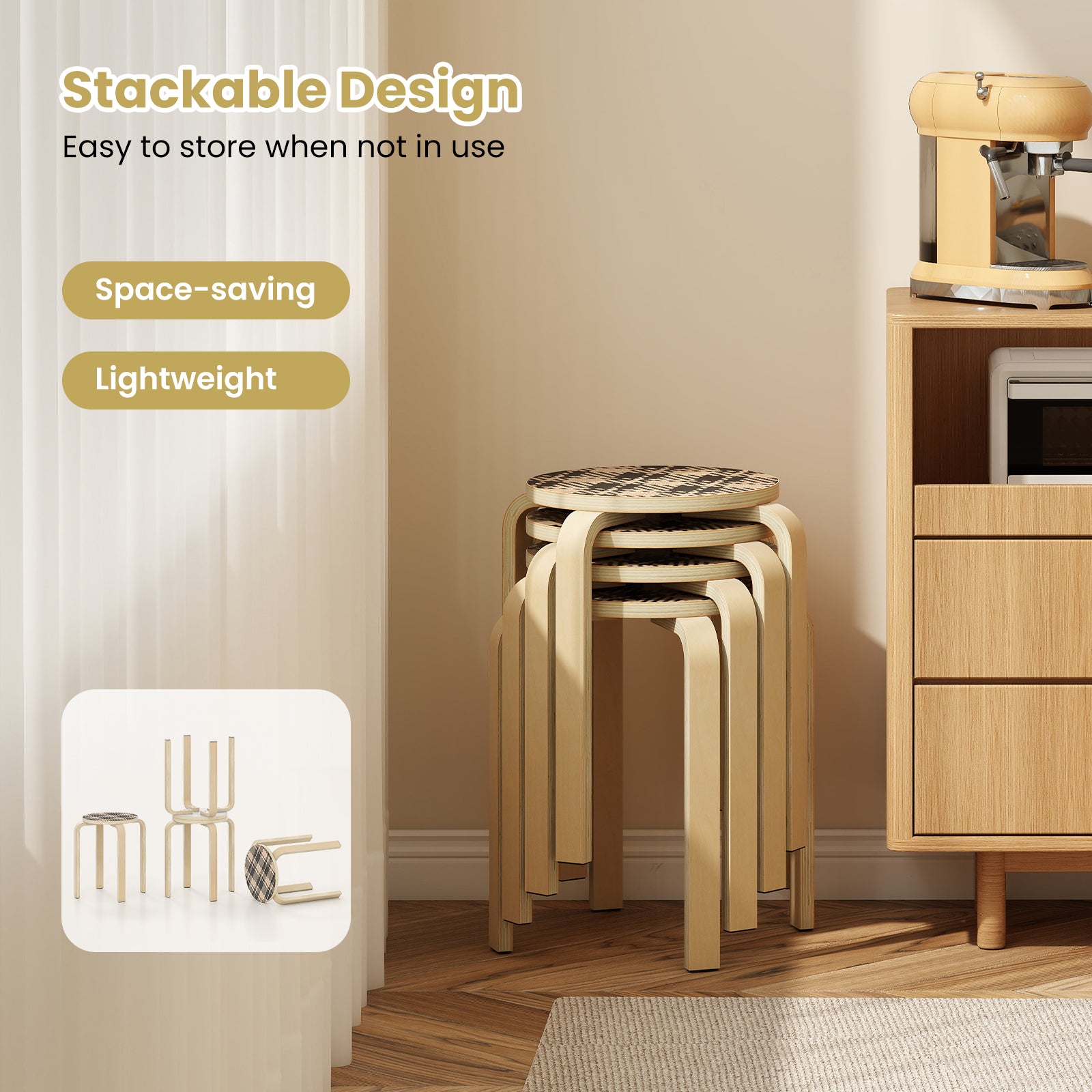 Set of 4 Stackable Wooden Stools for Living Room & Dining Room-Yellow