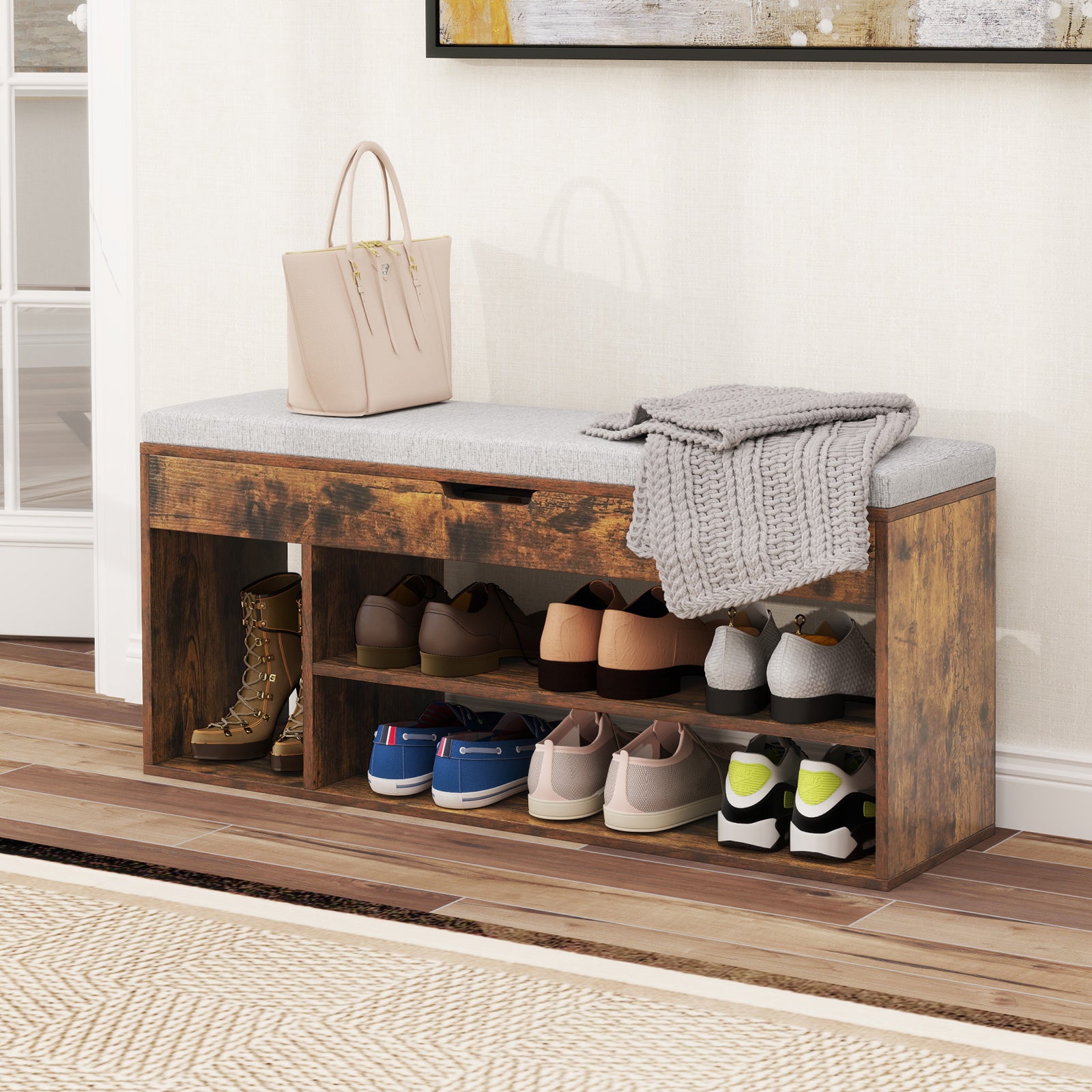 Shoe Bench with Padded Seat and Hidden Storage Home Entryway Shoes rack-Brown