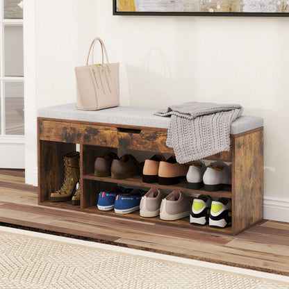 Shoe Bench with Padded Seat and Hidden Storage Home Entryway Shoes rack-Brown